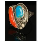Sterling Silver Navajo Turquoise & Coral Ring