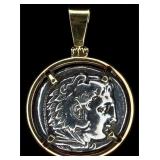 14K Gold Pendant W/ Ancient Silver Drachma Coin