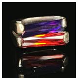 SS Stacked Rectangular Purple & Red Stones Ringed