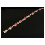 SS Red Coral or Jasper Oval Link Tennis Bracelet
