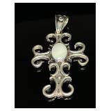 SS Cross Pendant w/Milky White Cabochon Stone