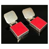 SS Drop Earrings Rectangular Red Inlay Stone
