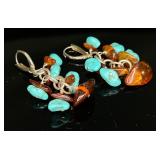 926 SS Dangling Earrings Turquoise & Amber Stones