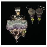 Sterling Silver Raw Gemstone Pendant & Earrings