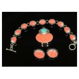 SS Coral/Turquoise Pendant, Bracelet, Earrings Set