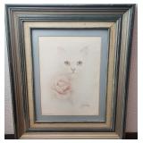 Vintage 1982 Framed Cat & Rose Print by Harrison