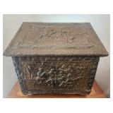 Vintage Coal Scuttle Embossed Brass and Wood