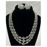 VTG 3-Strand Faceted Crystal Necklace & Ear Clips
