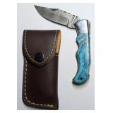 7" Damascus Folding Knife w/Leather Sheath