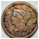 1844 Braided Hair Large Cent in Good Condition