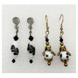 2 Pair Black & White Glass Bead Earrings