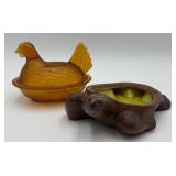 Amber Glass Hen Bowl & Ceramic Turtle Dish