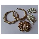 Monet Brooch, Cluster Earrings & Silver Hoops