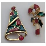 Pair Enamel Christmas Pins: Bell & Candy Cane