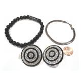 Circular Rhinestone Earclips, Silver Bracelet
