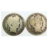 2 Barber Silver Half Dollars 90% Silver