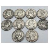 10 Washington Silver Quarters 90% Silver
