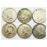 6 1967 Kennedy Silver Half Dollars 40% Silver