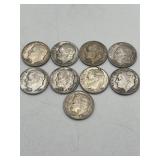 9 Roosevelt Dimes 90% Silver