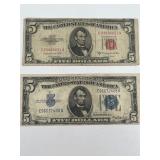 1934-A Blue Seal $5 & 1953-B Red Seal $5