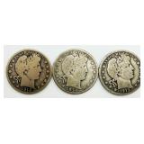 3 Barber Silver Half Dollars 90% Silver