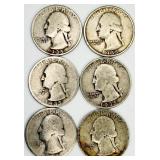 6 Washington Quarters 90% Silver