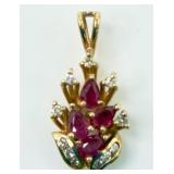 VTG 14KT Y/G Diamond & Ruby Pendant 1CT TW