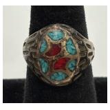 Vtg. Sterling Silver Turquoise & Coral Ring