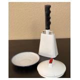 Enamel White Cow Bell, Lid, and Saucer