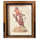 Framed Vtg. Western Bull Rider Print Signed
