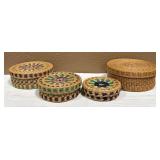 4 Vtg. Woven Nesting Bowls w/ Lids