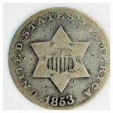 1853 3 Cent Coin ï¿½Trimeï¿½ 75% Silver