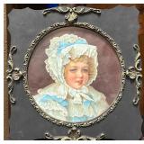 Vintage Round-Framed Portrait Print of Young Girl