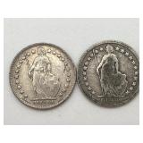 1898 & 1950 Helvetia Swiss 1/2 Franc Silver Coins
