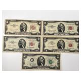 5 Red Seal Two Dollar Bills