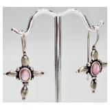 925 Cross Pierced Earrings w/ Pink Gemstones