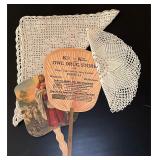 2 VTG Ad Fans, 2 Crocheted Doilies