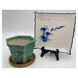 Blue & White Plate & Small Planter w/Saucer