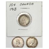 3 Canada 10 Cents Silver Coins