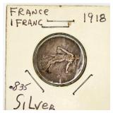 1918 Republique Francaise 1 Franc Silver Coin