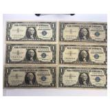 6 Series 1957 Blue Seal $1 Silver Certificates