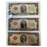 3 Series 1928 Red Seal $2 Bills