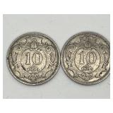 2-1893 Austria 10 Heller Coins