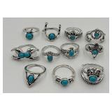 11 Silver-tone & Faux Turquoise Fashion Rings