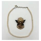 Vintage Youth Fashion Pearl Necklace & Angel Pin
