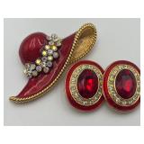 Vintage Red Enamel Hat Brooch & Clip Earrings Set
