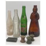 Vtg Glass Bottles, Wooden Spools, & Metal Box