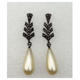 Fancy Sterling, Marcasite & Faux Pearl Earrings