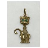 14K Gold Cat Pendant w/ Green Emerald Eyes