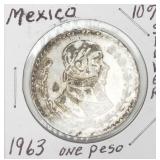 1963 Mexico Un Peso Coin 10% Silver